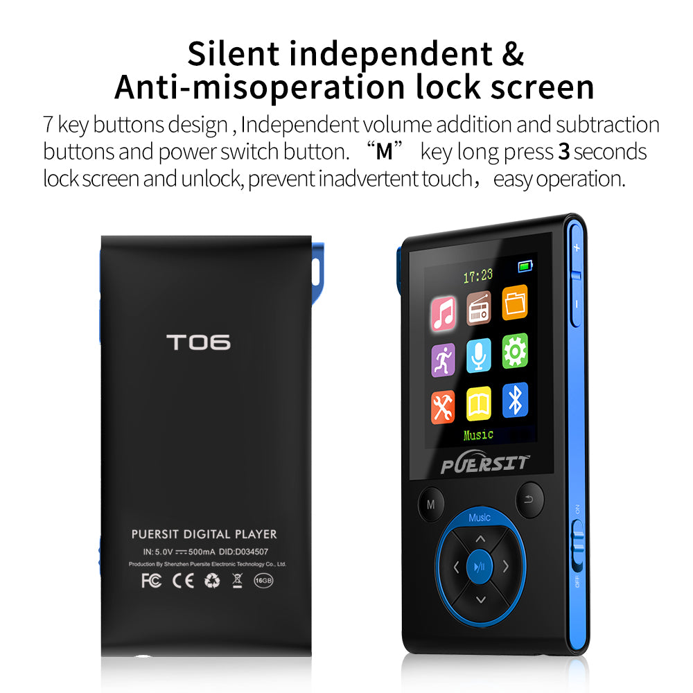 16GB MP3 Players, Portable Music Player Lossless HIFI Sound Media Player with Bluetooth and FM Radio, Pedometer/Voice Recorder 50 Hours Playback Max expand to 128GB (Black+Blue)