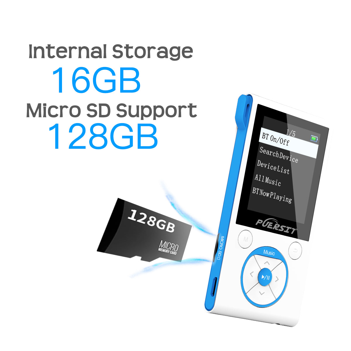 16GB MP3 Players, Portable Music Player Lossless HIFI Sound Media Player with Bluetooth and FM Radio, Pedometer/Voice Recorder 50 Hours Playback Max expand to 128GB (White+Blue)