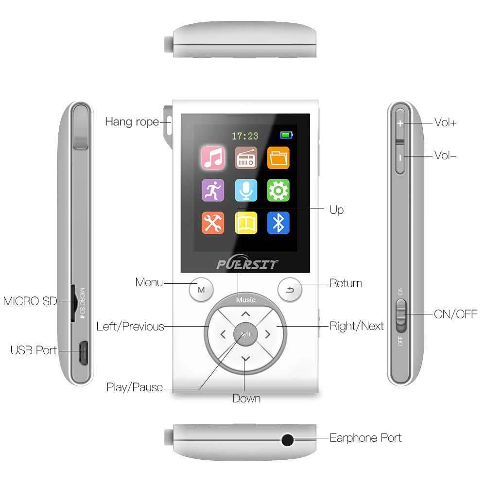 16GB MP3 Players, Portable Music Player Lossless HIFI Sound Media Player with Bluetooth and FM Radio, Pedometer/Voice Recorder 50 Hours Playback Max expand to 128GB (White+Silver)
