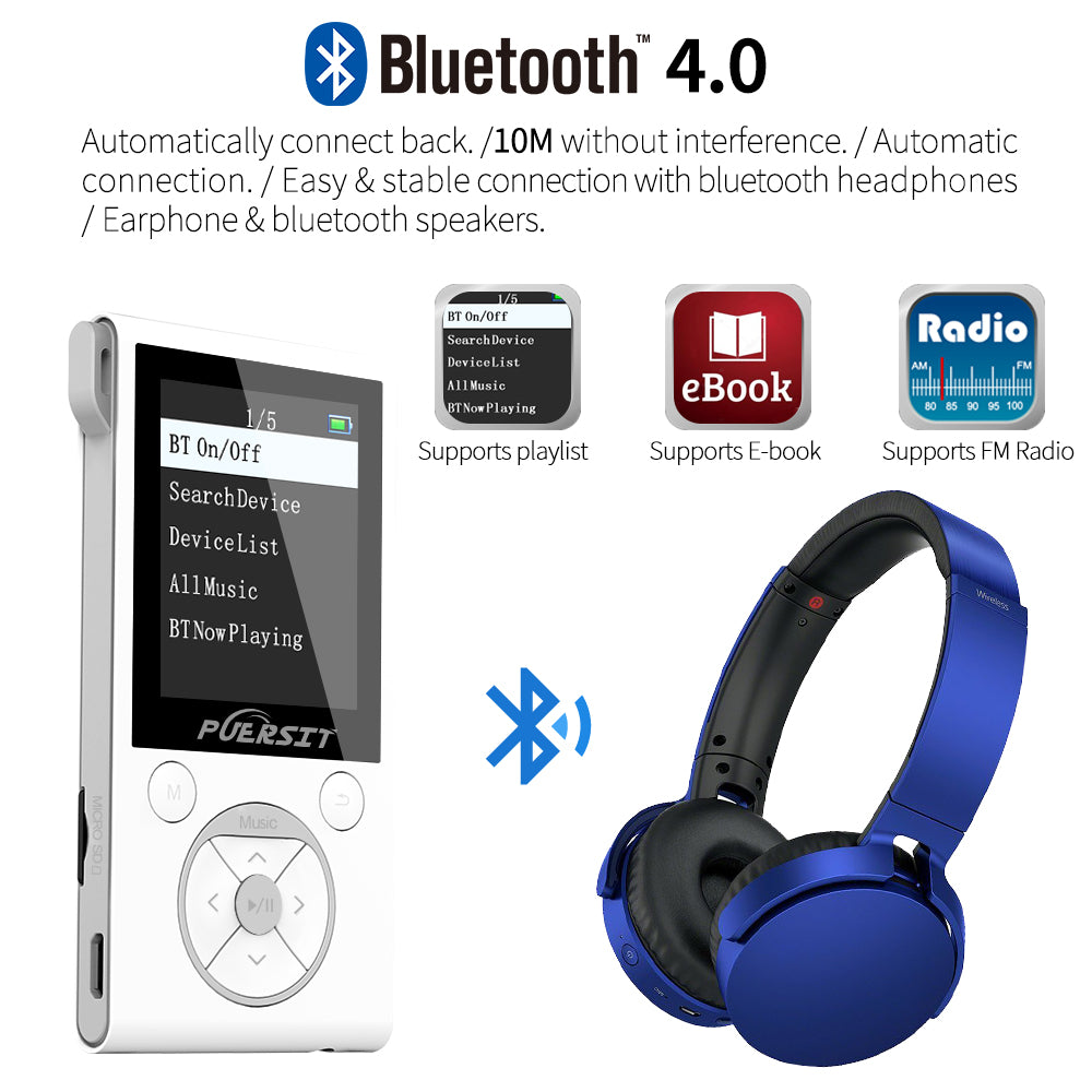 16GB MP3 Players, Portable Music Player Lossless HIFI Sound Media Player with Bluetooth and FM Radio, Pedometer/Voice Recorder 50 Hours Playback Max expand to 128GB (White+Silver)