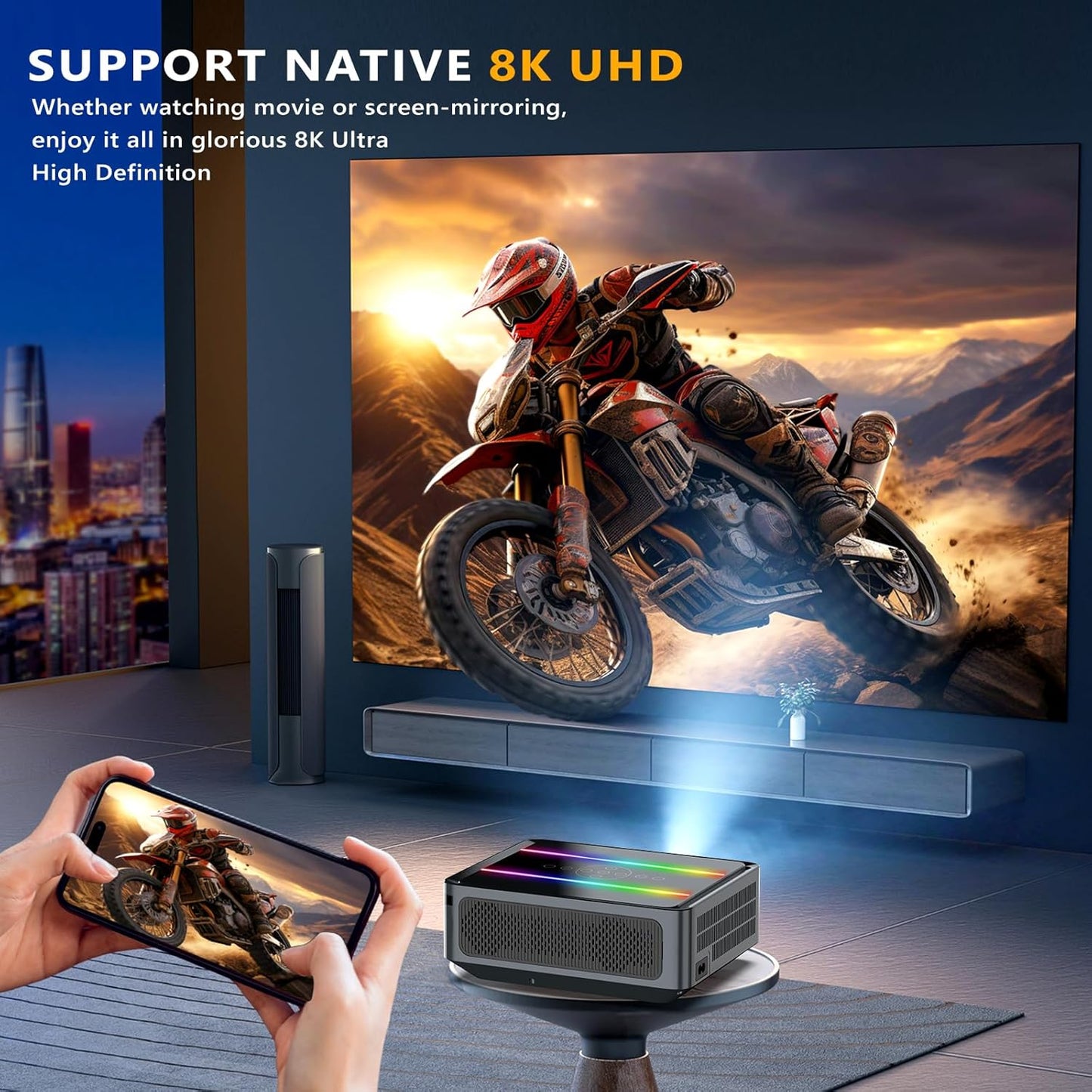 Auto-focus gradient correction projector 8K - Puersit LED home theater projector 4K 25,000 lumens Android operating system projector supports full HD 1080P 5G WiFi BT PS5, HDMI, smart phone, notebook computer