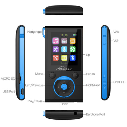 16GB MP3 Players, Portable Music Player Lossless HIFI Sound Media Player with Bluetooth and FM Radio, Pedometer/Voice Recorder 50 Hours Playback Max expand to 128GB (Black+Blue)