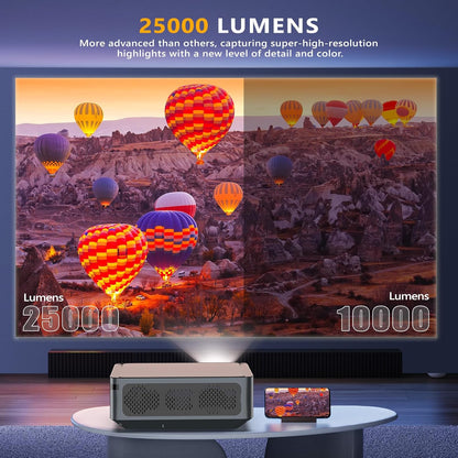 Auto-focus gradient correction projector 8K - Puersit LED home theater projector 4K 25,000 lumens Android operating system projector supports full HD 1080P 5G WiFi BT PS5, HDMI, smart phone, notebook computer