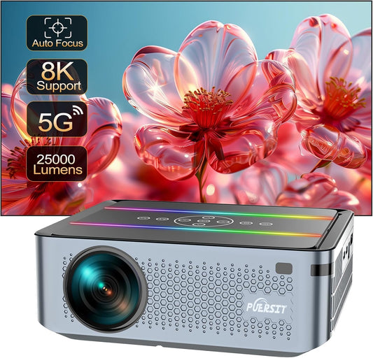 Auto-focus gradient correction projector 8K - Puersit LED home theater projector 4K 25,000 lumens Android operating system projector supports full HD 1080P 5G WiFi BT PS5, HDMI, smart phone, notebook computer