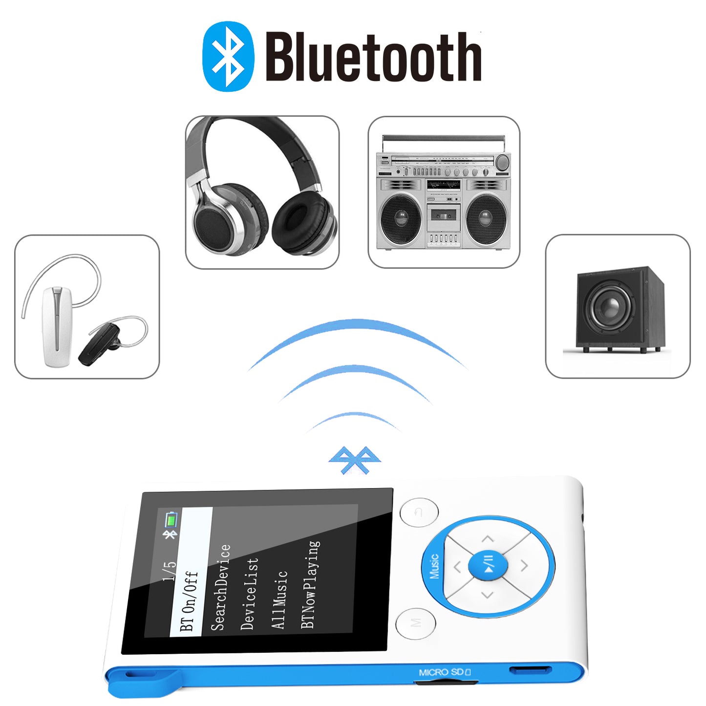 16GB MP3 Players, Portable Music Player Lossless HIFI Sound Media Player with Bluetooth and FM Radio, Pedometer/Voice Recorder 50 Hours Playback Max expand to 128GB (White+Blue)